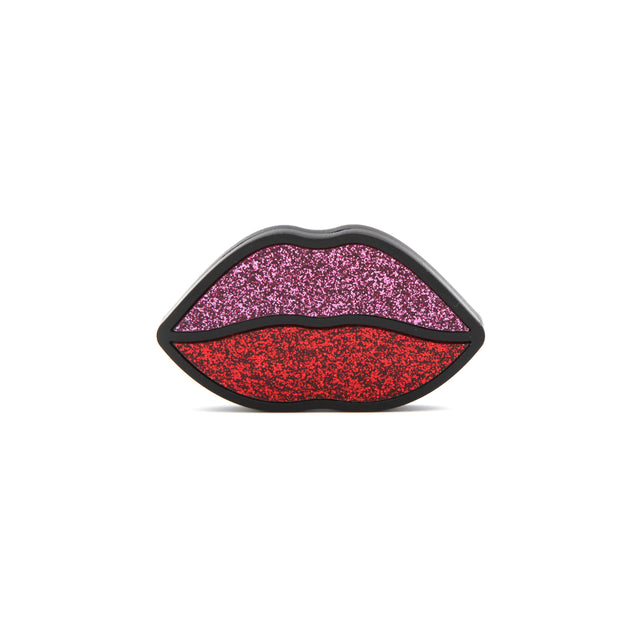 Barrette bouche en acrylique découpe laser, le contour est noir, la lèvre supérieur est rose pailletée et l'inférieur rouge pailleté, vu de face sur fond blanc
