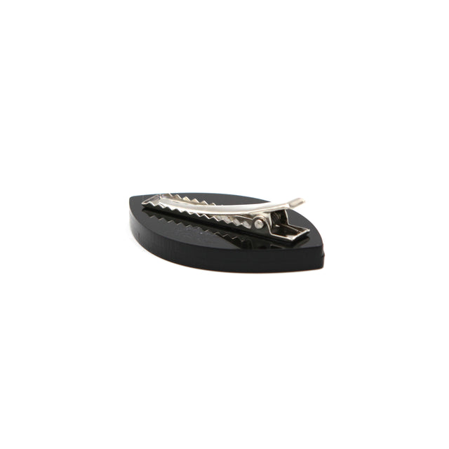 Barrette crocodile cheveux en forme de mauvaise oeil, contour noir iris bleu paillettes en acrylique decoupe laser vu de dos a plat sur fond blanc