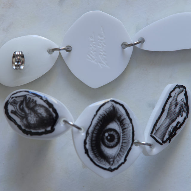 Détail des boucles d’oreilles DRAMARAMA avec cœur anatomique, œil et main en noir et blanc
