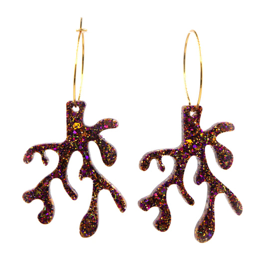 purple glitter resin coral gold plated hoop earrings on a white background