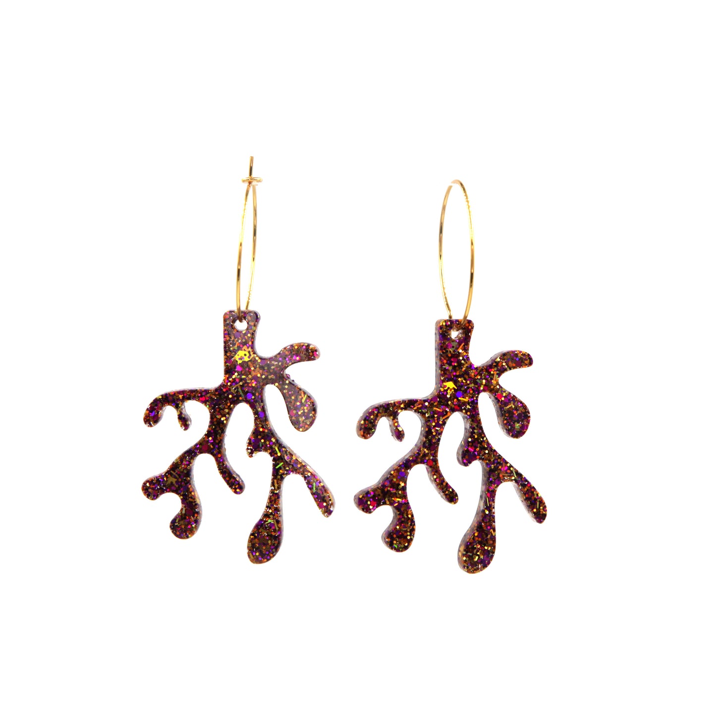 other view of purple glitter resin coral gold plated hoop earrings on a white background