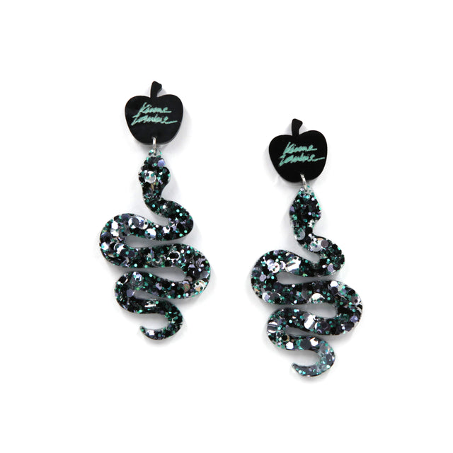 glitter resin snake statement apple clip-on earrings on a white background