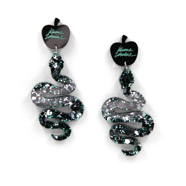glitter resin snake statement apple clip-on earrings on a white background