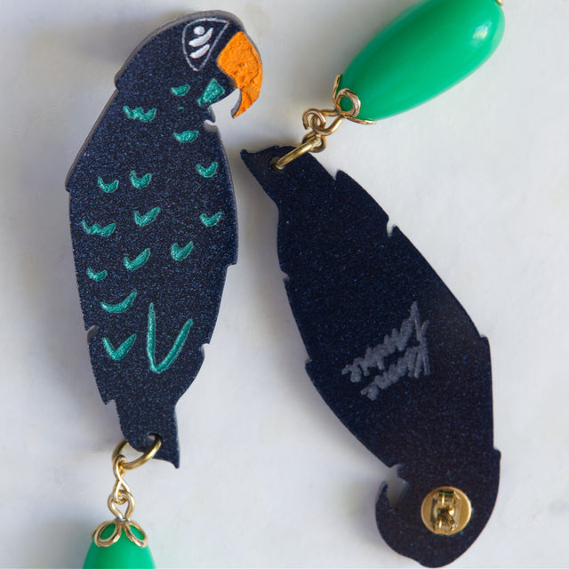 Détail des boucles d’oreilles Temptation avec perroquet en acrylique bleu pailleté, peinture verte et orange, perles vintage et clous dorés