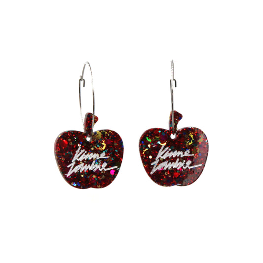 red glitter resin apple stainless steel hoops earrings on a white background