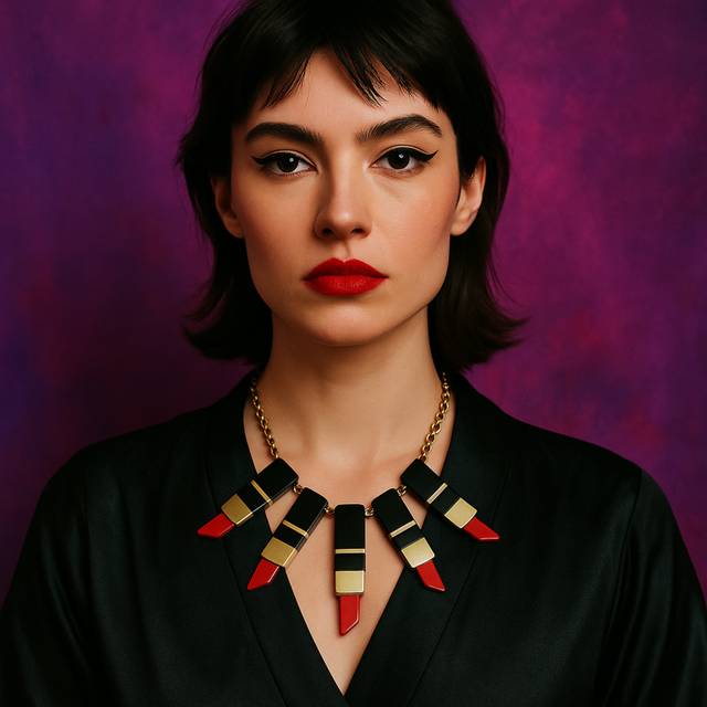 femme de face sur fond violet portant le collier plastron en forme de lipstick, ici la version dorée.