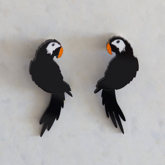 Boucles d’oreilles Disco Parrot en forme de perroquet noir en acrylique, peintes à la main
