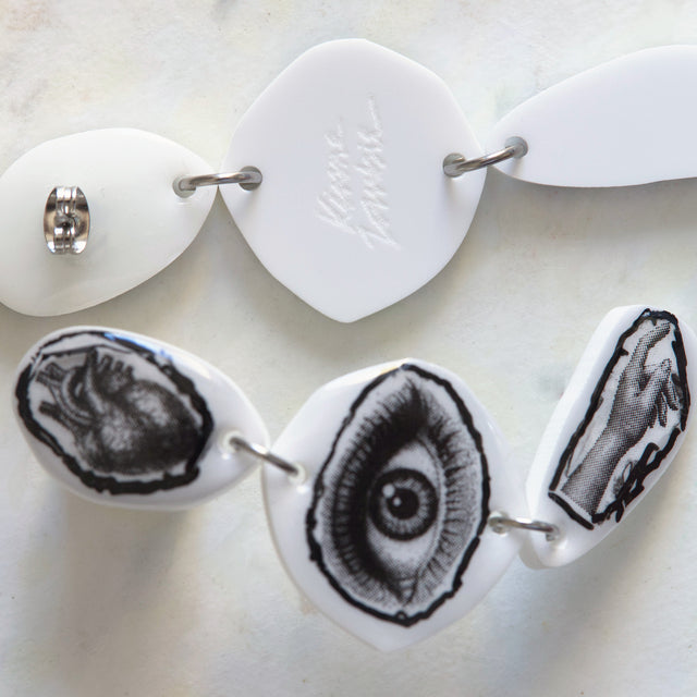 Gros plan sur les motifs cœur anatomique, œil et main des boucles d’oreilles DRAMARAMA