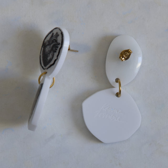 Verso des boucles d’oreilles DRAMARAMA cœur et œil avec clous, anneaux dorés et signature Kiss Me Zombie