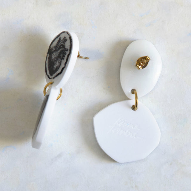 Verso des boucles d’oreilles DRAMARAMA cœur et œil avec clous, anneaux dorés et signature Kiss Me Zombie