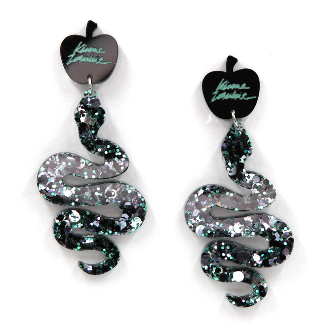 glitter resin snake statement apple clip-on earrings on a white background