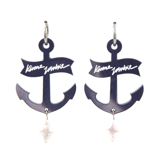 statement navy blue resin anchor with freshwater pearls hoop earrings on a white background