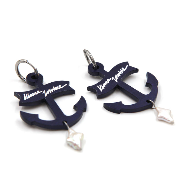 side view statement navy blue resin anchor with freshwater pearls hoop earrings on a white background