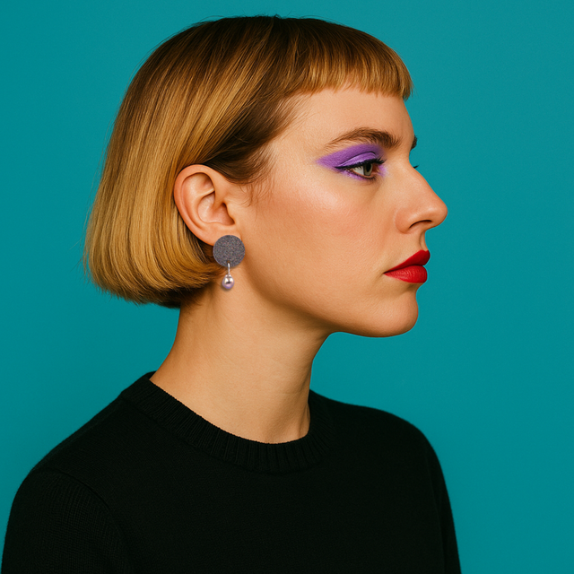 Portrait studio d’une femme portant des boucles d’oreilles Kiss Me Zombie en résine grise effet holographique et perles d’eau douce, montées sur acier inoxydable. Fond turquoise, maquillage arty violet et rouge, lumière douce mettant en valeur les matières.