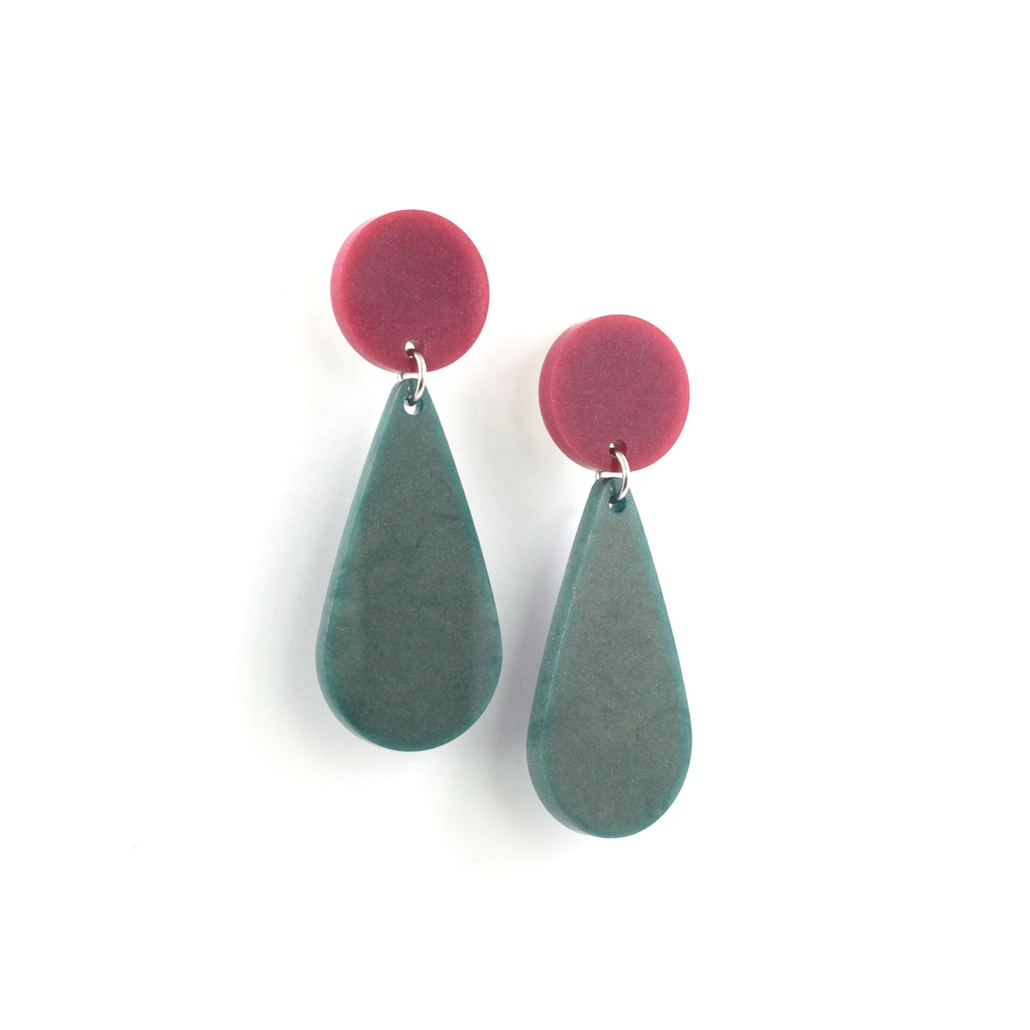 This is a picture of a teardrop dangle earrings on a white background. the top of the earrings is a dark pink dot and the teardrops are forest green