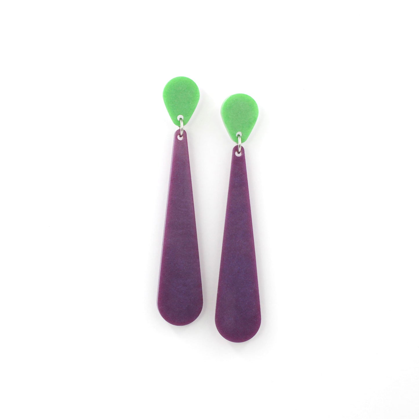 this is a pendulum dangle earrings on a white background. The pendulums are purple and the top of the earrings are lime green.